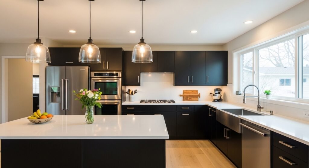 kitchen home renovation showing modern cabinets and lighting